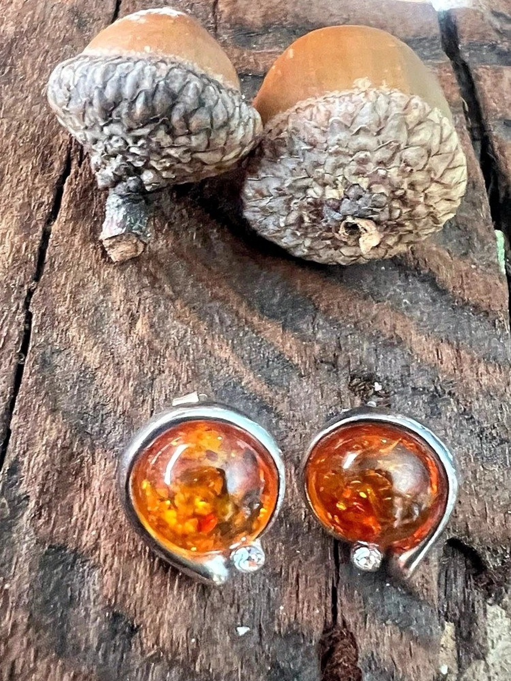 Sterling Silver Baltic Amber Earrings Studs Cognac Honey Orange 1.5 cms long Zi